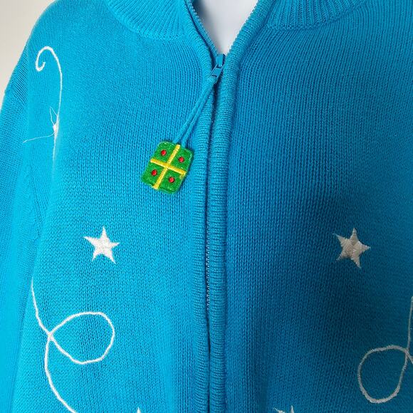 Jennifer Lauren 1X Blue Snowman Christmas Zip Sweater Embroidered Holiday - Picture 2 of 11